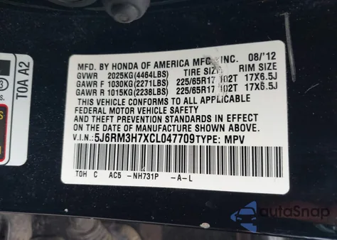 2012 Honda Cr-V Ex-L z USA, uszkodzony, nr VIN 5J6RM3H7XCL047709